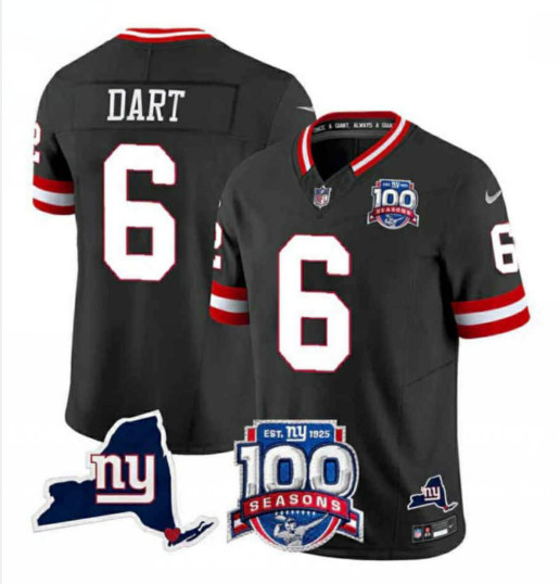 Men's New York Giants #6 Jaxson Dart Black 2025 Draft F.U.S.E. 100th Season & State Patch Vapor Limited Stitched Football Jersey Men's New York Giants #6 Jaxson Dart Black 2025 Draft F.U.S.E. 100th Season & State Patch Vapor Limited Stitched Football Jersey