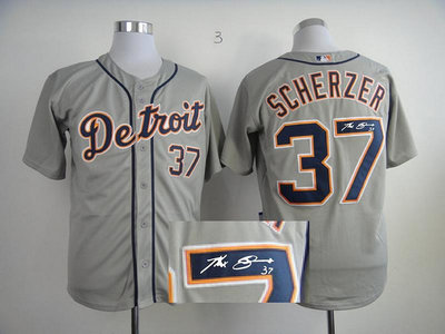 Detroit Tigers 37 Scherzer Grey MLB Jerseys(Signed)