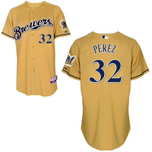 Milwaukee Brewers #32 Chris Perez Authentic Personalized Alternate yellow Jersey Milwaukee Brewers #32 Chris Perez Authentic Personalized Alternate yellow Jersey