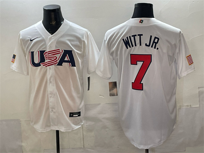 Men's USA Baseball #7 Bobby Witt Jr. White World Baseball Classic Stitched Jersey Men's USA Baseball #7 Bobby Witt Jr. White World Baseball Classic Stitched Jersey