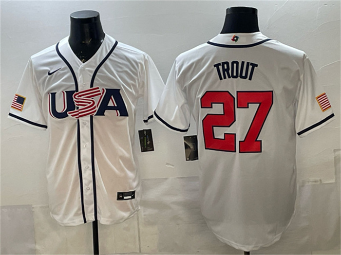 Men's USA Baseball #27 Mike Trout White 2026 World Baseball Classic Home Stadium Stitched Jersey Men's USA Baseball #27 Mike Trout White 2026 World Baseball Classic Home Stadium Stitched Jersey