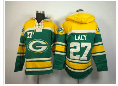 Green Bay Packers #27 Eddie Lacy Green Sawyer Hooded Sweatshirt Stitched Jersey
