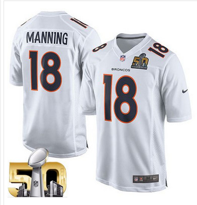 Nike Broncos #18 Peyton Manning White Super Bowl 50 Men's Stitched NFL Game Event Jersey