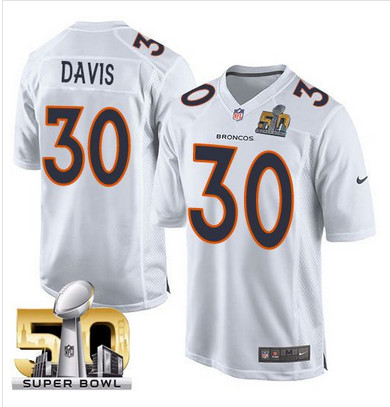 Nike Broncos #30 Terrell Davis White Super Bowl 50 Men's Stitched NFL Game Event Jersey