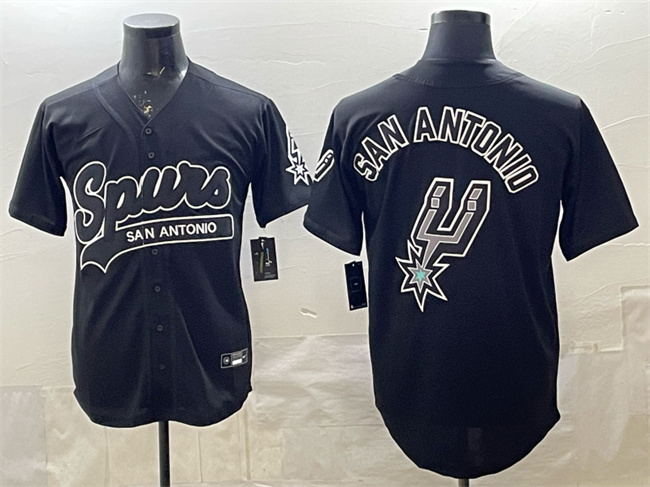 Men's San Antonio Spurs Team Big Logo Black Stitched Baseball Jersey Men's San Antonio Spurs Team Big Logo Black Stitched Baseball Jersey