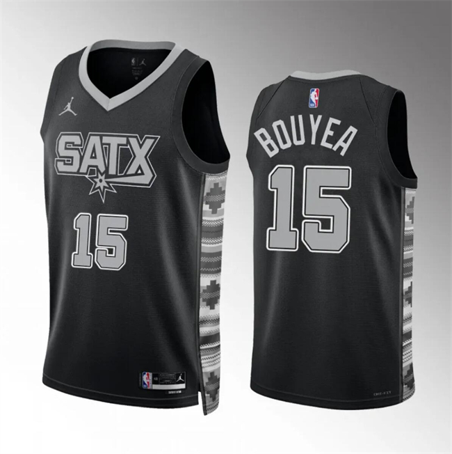 Men's San Antonio Spurs #15 Jamaree Bouyea Black Statement Edition Stitched Basketball Jersey Men's San Antonio Spurs #15 Jamaree Bouyea Black Statement Edition Stitched Basketball Jersey