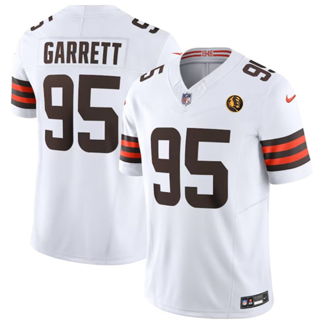 Men's Cleveland Browns #95 Myles Garrett White 2023 F.U.S.E. With John Madden Patch Vapor Limited Stitched Football Jersey