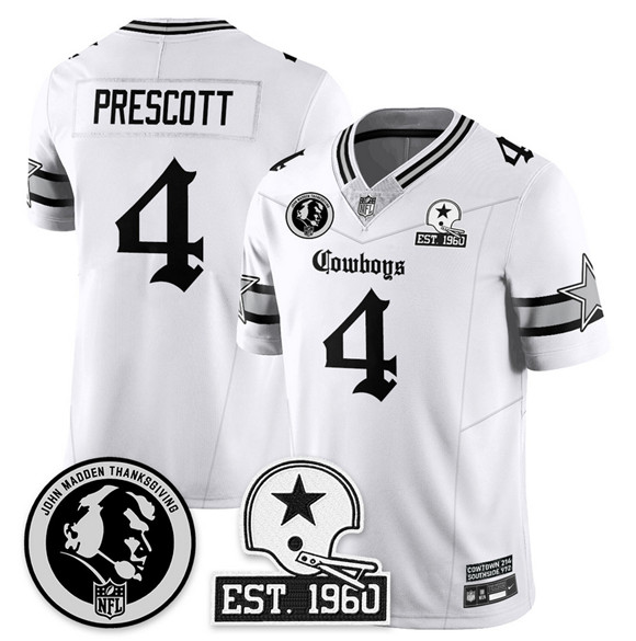 Men's Dallas Cowboys #4 Dak Prescott White 2025 F.U.S.E. With John Madden Patch & Established In 1960 Patch Vapor Limited Stitched Football Jersey Men's Dallas Cowboys #4 Dak Prescott White 2025 F.U.S.E. With John Madden Patch & Established In 1960 Patch Vapor Limited Stitched Football Jersey