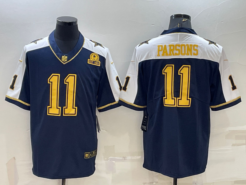 Men's Dallas Cowboys #11 Micah Parsons Navy Gold Edition With 1960 Patch Limited Stitched Football Jersey Men's Dallas Cowboys #11 Micah Parsons Navy Gold Edition With 1960 Patch Limited Stitched Football Jersey