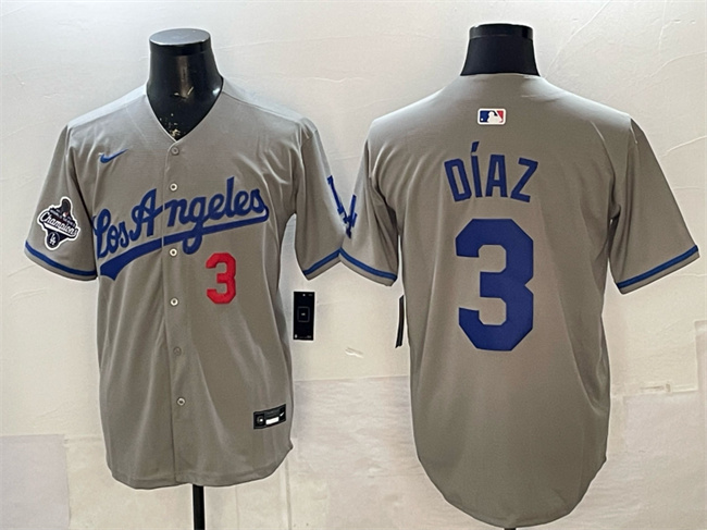 Men's Los Angeles Dodgers #3 Edwin Díaz Grey With 2025 World Series Champions Patch Limited Stitched Baseball JerseyS