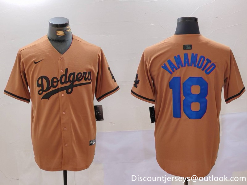 Men's Los Angeles Dodgers #18 Yoshinobu Yamamoto Brown Cool Base Stitched Baseball Jersey 2