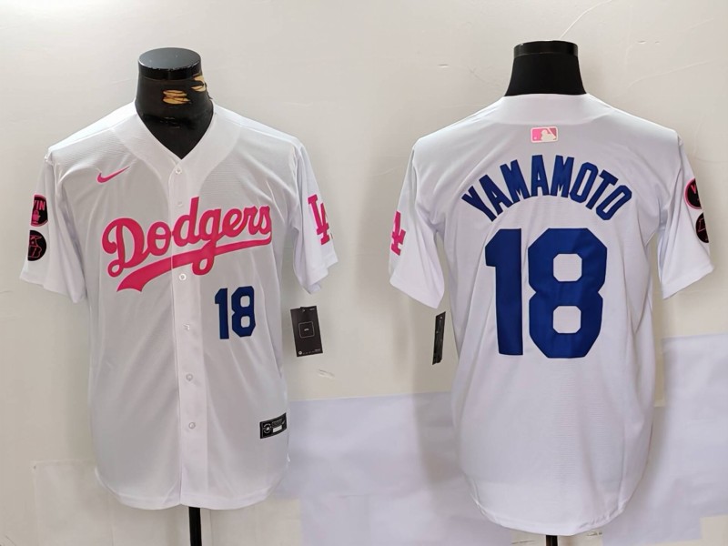 Men's Los Angeles Dodgers #18 Yoshinobu Yamamoto White Pink Vin & Kobe Patch Stitched Baseball Jersey 1
