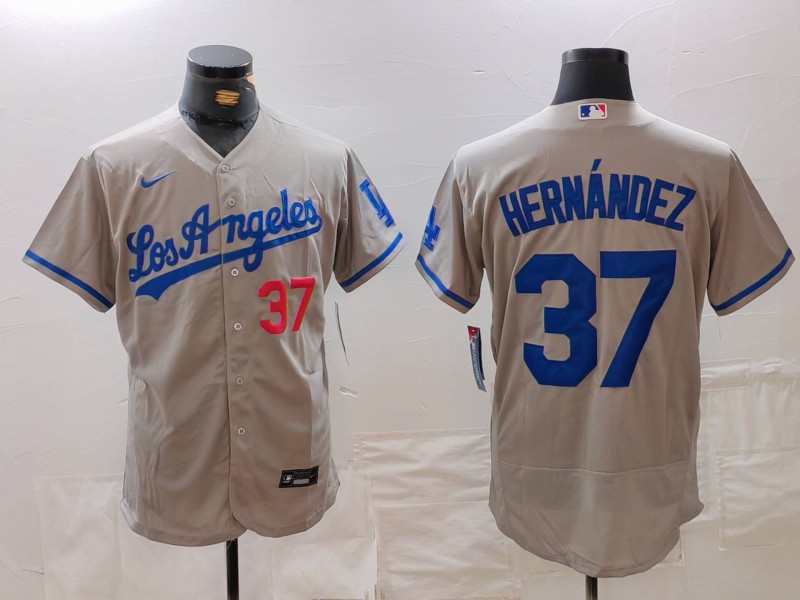 Men's Los Angeles Dodgers #37 Teoscar Hernández Grey Flex Base Stitched Baseball Jersey 2