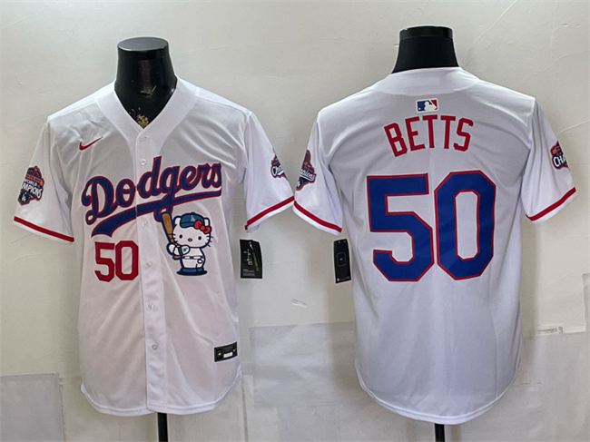 Men's Los Angeles Dodgers #50 Mookie Betts White Hello Kitty Night 2025 World Series Champions Patch Stitched Baseball Jersey