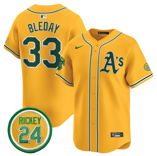 Men's Oakland Athletics #33 JJ Bleday Yellow 2024 Limited With Rickey Henderson Patch Stitched Jersey Men's Oakland Athletics #33 JJ Bleday Yellow 2024 Limited With Rickey Henderson Patch Stitched Jersey