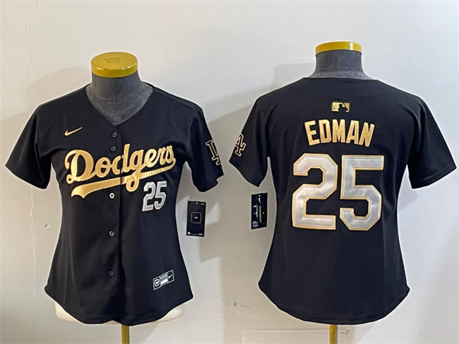 Women's Los Angeles Dodgers #25 Tommy Edman Black Gold Limited Stitched Baseball Jersey(Run Small) Women's Los Angeles Dodgers #25 Tommy Edman Black Gold Limited Stitched Baseball Jersey(Run Small)