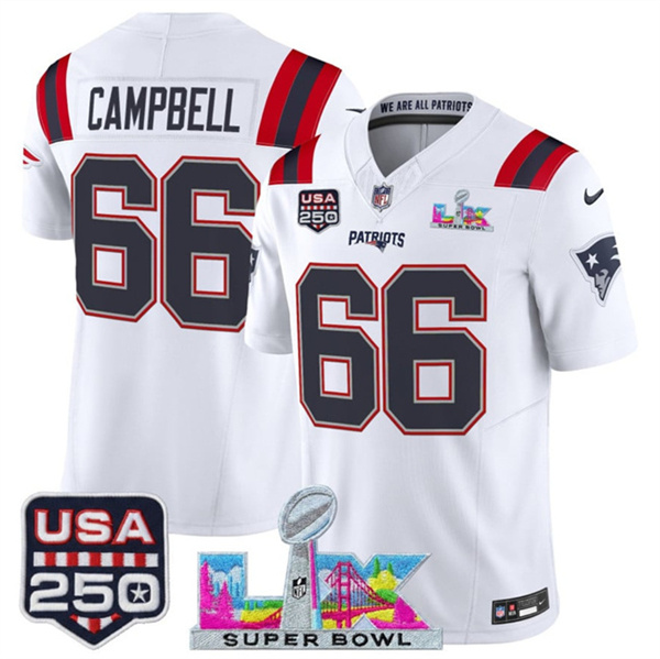Youth New England Patriots #66 Will Campbell White 2025 F.U.S.E. Super Bowl LX Patch And USA 250' Patch Vapor Limited Stitched Football Jersey