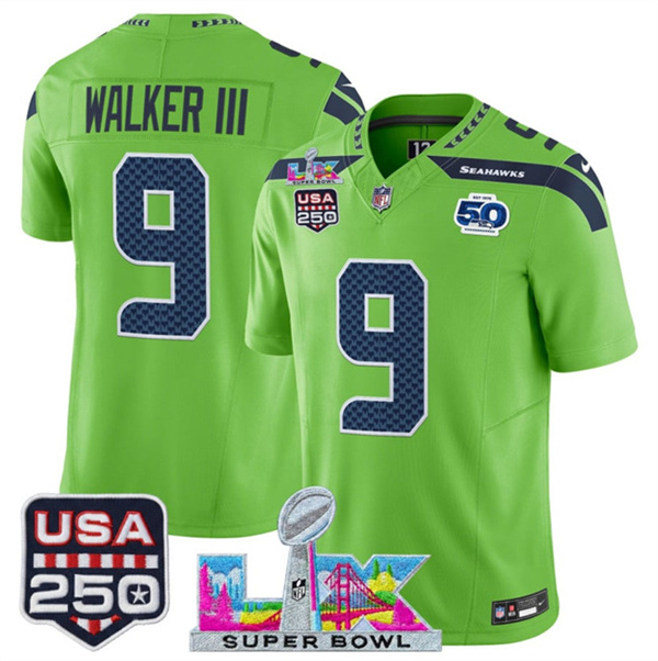 Youth Seattle Seahawks #9 Kenneth Walker III Green 2025 F.U.S.E. Super Bowl LX Patch And 50th Season & USA 250' Patch Vapor Limited Stitched Football Jersey Youth Seattle Seahawks #9 Kenneth Walker III Green 2025 F.U.S.E. Super Bowl LX Patch And 50th Season & USA 250' Patch Vapor Limited Stitched Football Jersey