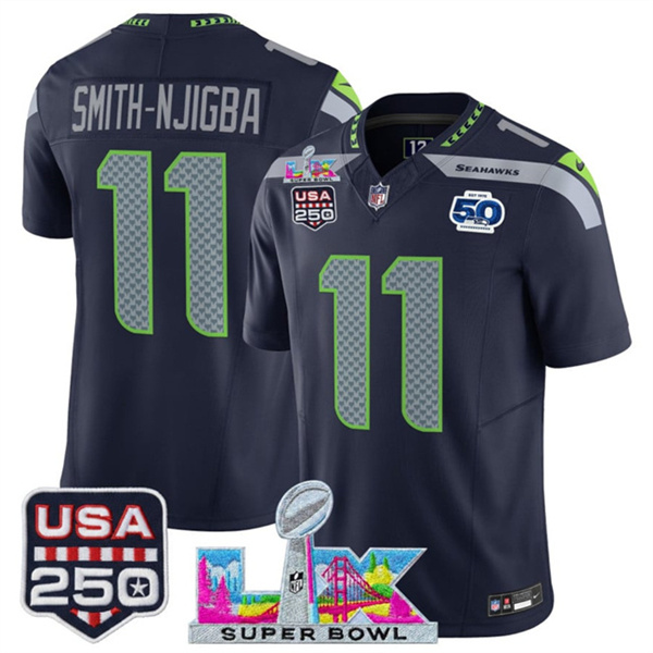 Youth Seattle Seahawks #11 Jaxon Smith-Njigba Navy 2025 F.U.S.E. Super Bowl LX Patch And 50th Season & USA 250' Patch Vapor Limited Stitched Football Jersey Youth Seattle Seahawks #11 Jaxon Smith-Njigba Navy 2025 F.U.S.E. Super Bowl LX Patch And 50th Season & USA 250' Patch Vapor Limited Stitched Football Jersey