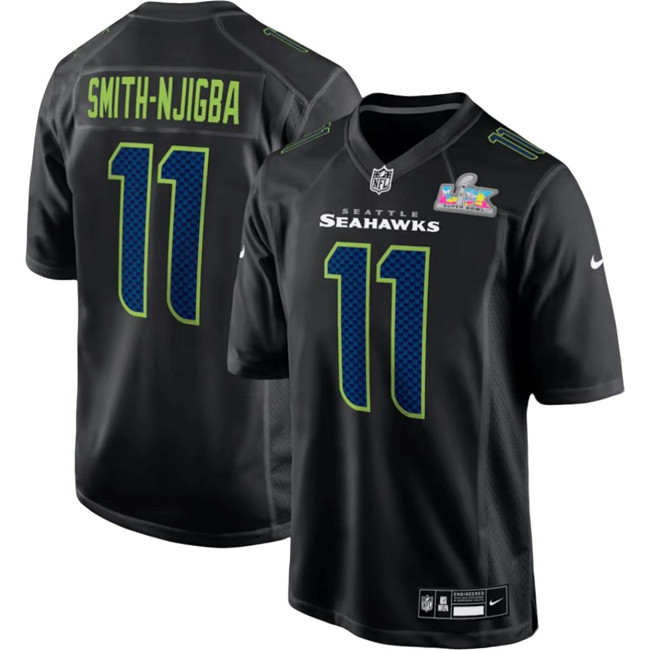Men's Seattle Seahawks #11 Jaxon Smith-Njigba Black 2025 Super Bowl LX Patch Carbon Fashion Stitched Game Jersey