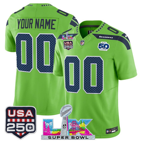 Men's Seattle Seahawks Active Player Custom Green 2025 F.U.S.E. Super Bowl LX & US 250th anniversary Patch And 50th Season Patch Vapor Limited Football Stitched Jersey Men's Seattle Seahawks Active Player Custom Green 2025 F.U.S.E. Super Bowl LX & US 250th anniversary Patch And 50th Season Patch Vapor Limited Football Stitched Jersey