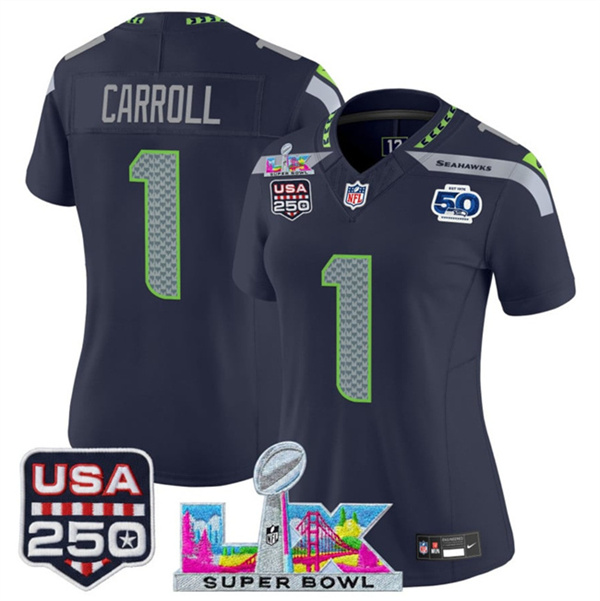 Women's Seattle Seahawks #1 Pete Carroll Navy 2025 F.U.S.E. Super Bowl LX Patch And 50th Season & USA 250' Patch Vapor Limited Football Stitched Jersey(Run Small) Women's Seattle Seahawks #1 Pete Carroll Navy 2025 F.U.S.E. Super Bowl LX Patch And 50th Season & USA 250' Patch Vapor Limited Football Stitched Jersey(Run Small)