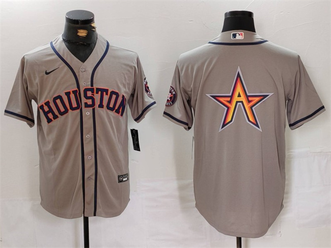 Men's Houston Astros Gray Team Big Logo With Patch Cool Base Stitched Baseball Jersey 7