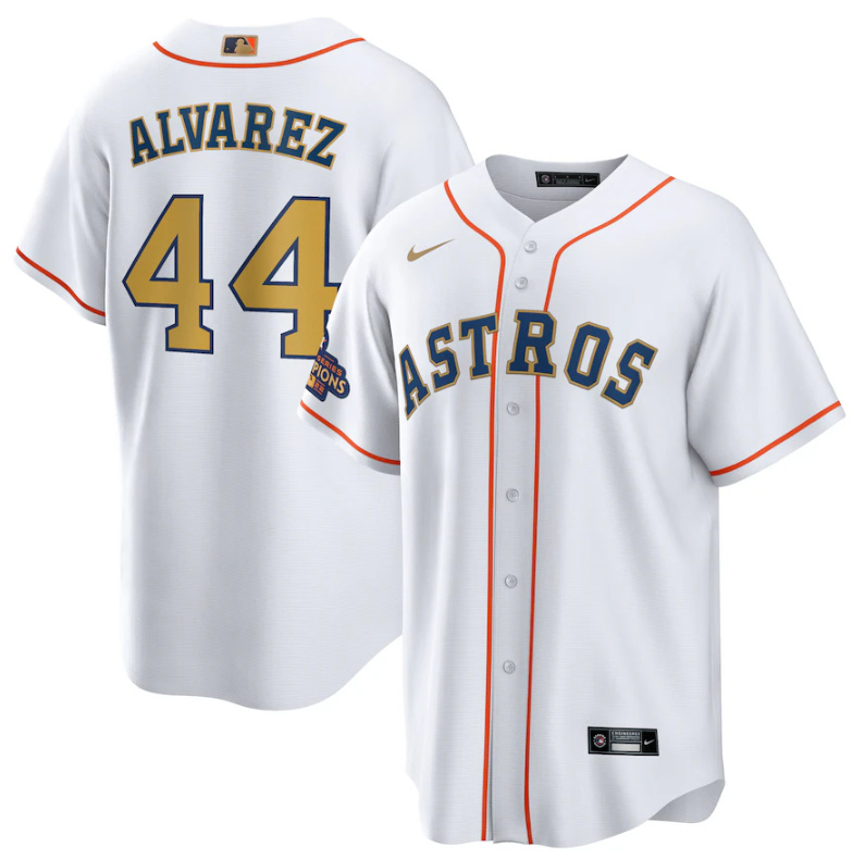 Men's Houston Astros #44 Yordan Alvarez White 2023 Gold Collection With World Serise Champions Patch Cool Base Stitched Baseball Jersey Men's Houston Astros #44 Yordan Alvarez White 2023 Gold Collection With World Serise Champions Patch Cool Base Stitched Baseball Jersey
