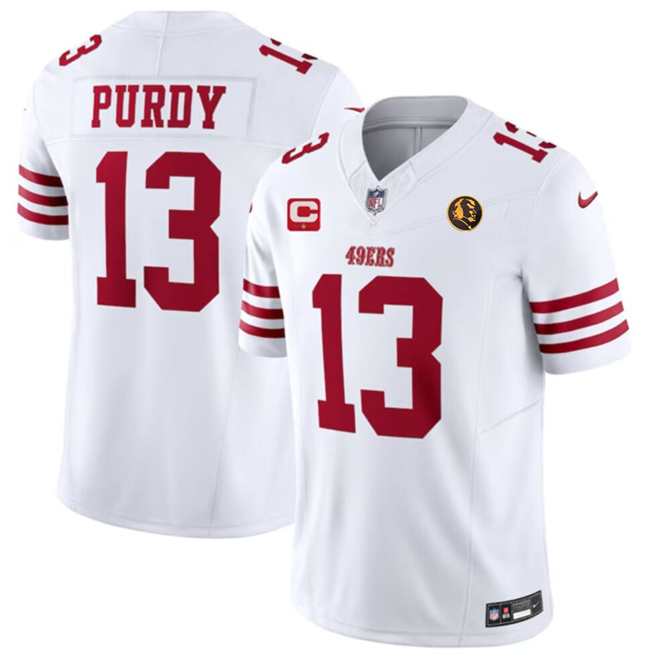 Men's San Francisco 49ers #13 Brock Purdy White 2023 F.U.S.E. With 1-Star C Patch And John Madden Patch Vapor Limited Stitched Football Jersey Men's San Francisco 49ers #13 Brock Purdy White 2023 F.U.S.E. With 1-Star C Patch And John Madden Patch Vapor Limited Stitched Football Jersey