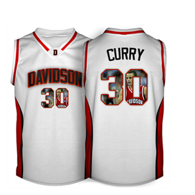 Davidson Wildcat 30 Stephen Curry White With Portrait Print College Basketball Jersey2
