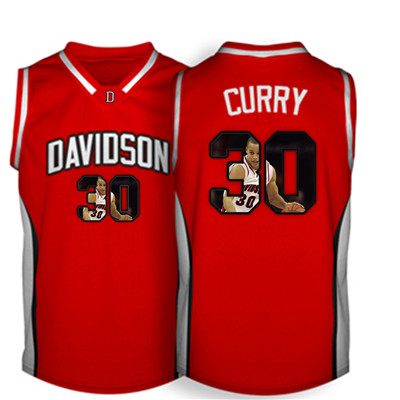 Davidson Wildcat 30 Stephen Curry Red With Portrait Print College Basketball Jersey