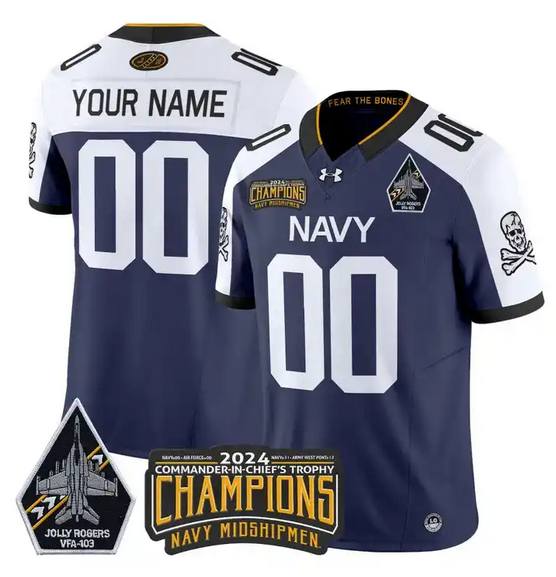 Men's Navy Midshipmen Active Player Custom Navy White 2024 F.U.S.E. Champions Patch And Jolly Rogers VFA-103 Horvath Patch Stitched Football Jersey