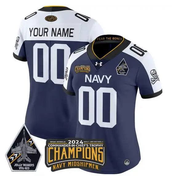 Women's Navy Midshipmen Active Player Custom Navy White 2024 Champions Patch And Jolly Rogers VFA-103 Horvath Patch Stitched Football Jersey Women's Navy Midshipmen Active Player Custom Navy White 2024 Champions Patch And Jolly Rogers VFA-103 Horvath Patch Stitched Football Jersey