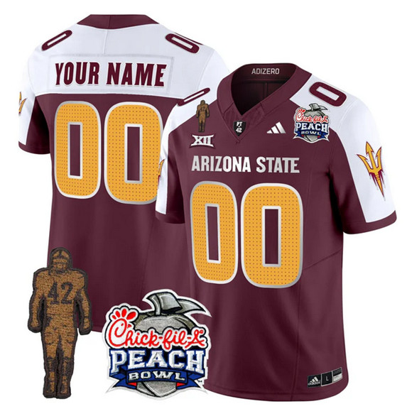 Men's Arizona State Sun Devils Active Player Custom Maroon White 2025 F.U.S.E. Pat Tillman & Peach Bowl Patch Vapor Limited Stitched Jersey