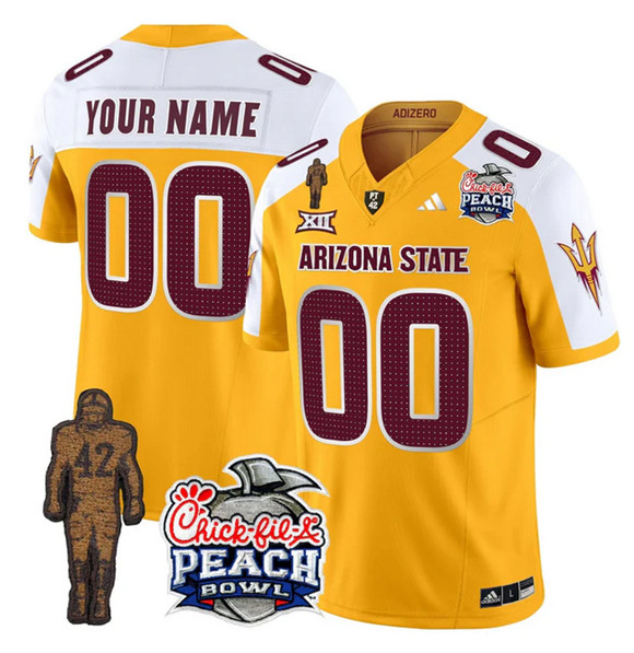 Men's Arizona State Sun Devils Active Player Custom Gold White 2025 F.U.S.E. Pat Tillman & Peach Bowl Patch Vapor Limited Stitched Jersey