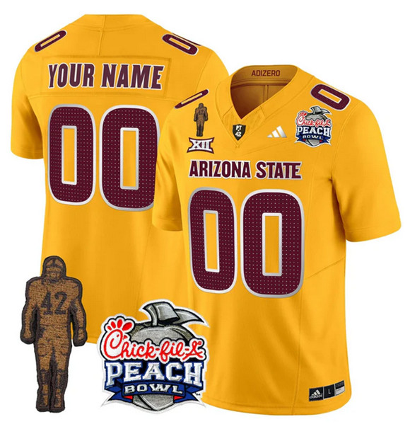 Men's Arizona State Sun Devils Active Player Gold 2025 F.U.S.E. Pat Tillman & Peach Bowl Patch Vapor Limited Stitched Jersey Men's Arizona State Sun Devils Active Player Gold 2025 F.U.S.E. Pat Tillman & Peach Bowl Patch Vapor Limited Stitched Jersey