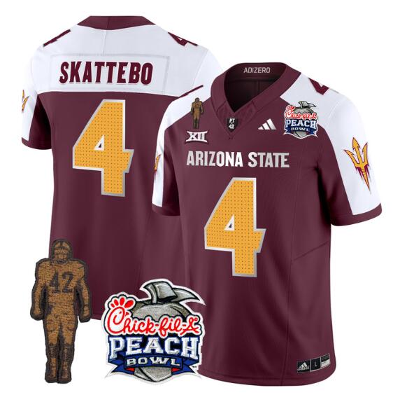 Men's Arizona State Sun Devils #4 Cam Skattebo 2024 F.U.S.E. Maroon White Pat Tillman & Peach Bowl Patch Vapor Limited Stitched Jersey Men's Arizona State Sun Devils #4 Cam Skattebo 2024 F.U.S.E. Maroon White Pat Tillman & Peach Bowl Patch Vapor Limited Stitched Jersey