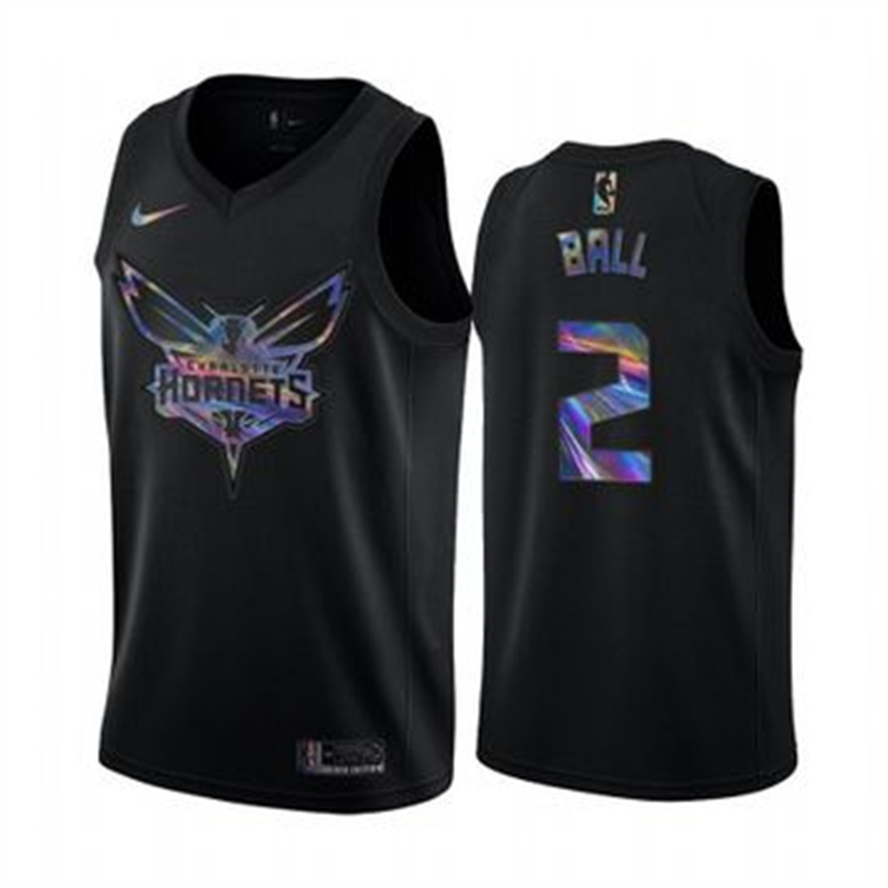 Nike Hornets #2 LaMelo Ball Men's Iridescent Holographic Collection NBA Jersey - Black Nike Hornets #2 LaMelo Ball Men's Iridescent Holographic Collection NBA Jersey - Black