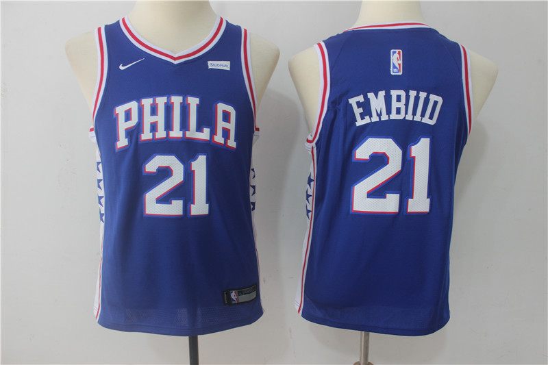Nike 76ers 21 Joel Embiid Blue Youth Nike Swingman Jersey
