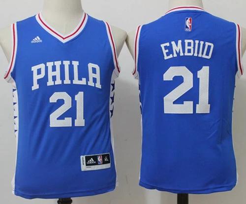 76ers #21 Joel Embiid Blue Stitched Youth NBA Jersey