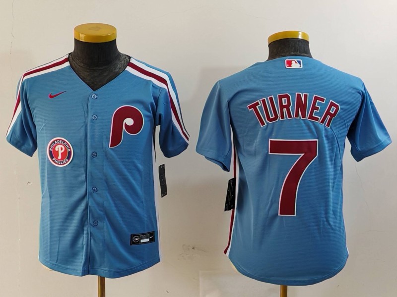 Youth Philadelphia Phillies #7 Trea Turner Blue Cool Base Stitched Baseball Jersey 1 Youth Philadelphia Phillies #7 Trea Turner Blue Cool Base Stitched Baseball Jersey 1