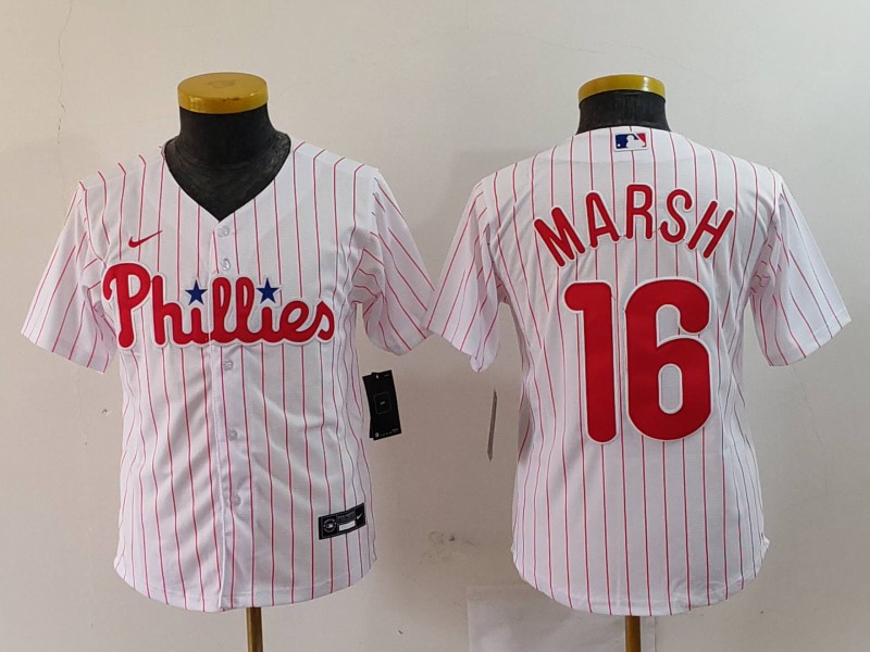Youth Philadelphia Phillies #16 Brandon Marsh White Cool Base Stitched Baseball Jersey 1 Youth Philadelphia Phillies #16 Brandon Marsh White Cool Base Stitched Baseball Jersey 1