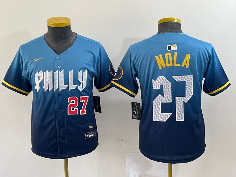Youth Philadelphia Phillies #27 Aaron Nola Blue 2024 City Connect Limited Stitched Baseball Jersey 7