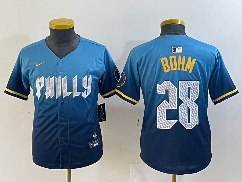 youth philadelphia phillies #28 alec bohm blue 2024 city connect limited stitched baseball jersey_副本