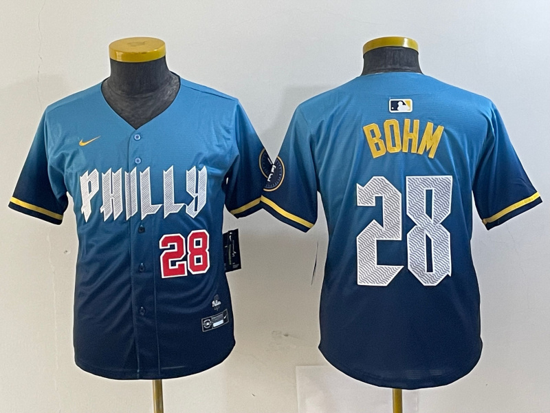 Youth Philadelphia Phillies #28 Alec Bohm Blue 2024 City Connect Limited Stitched Baseball Jersey 4 Youth Philadelphia Phillies #28 Alec Bohm Blue 2024 City Connect Limited Stitched Baseball Jersey 4