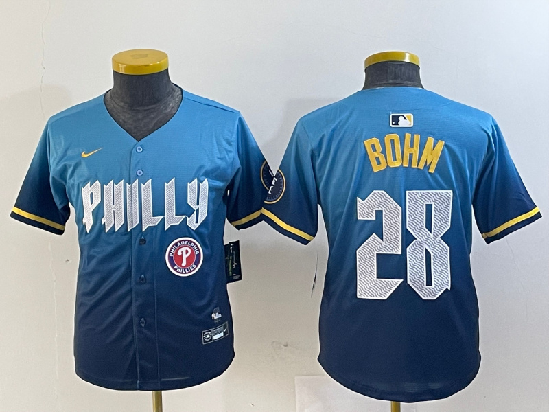 Youth Philadelphia Phillies #28 Alec Bohm Blue 2024 City Connect Limited Stitched Baseball Jersey 1 Youth Philadelphia Phillies #28 Alec Bohm Blue 2024 City Connect Limited Stitched Baseball Jersey 1