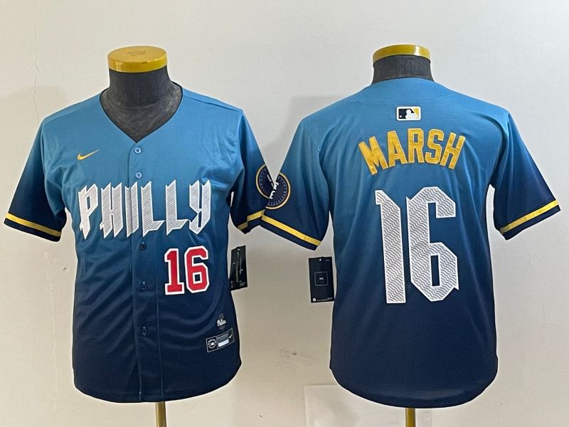 Youth Philadelphia Phillies #16 Brandon Marsh Blue 2024 City Connect Limited Stitched Jersey 2 Youth Philadelphia Phillies #16 Brandon Marsh Blue 2024 City Connect Limited Stitched Jersey 2