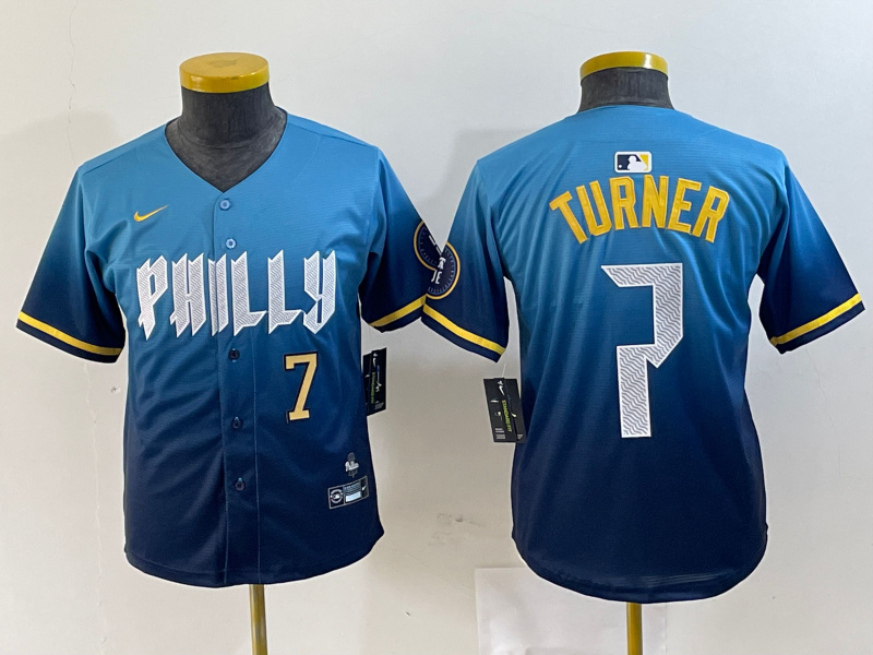 Youth Philadelphia Phillies #7 Trea Turner Blue 2024 City Connect Limited Stitched Jersey 2 Youth Philadelphia Phillies #7 Trea Turner Blue 2024 City Connect Limited Stitched Jersey 2