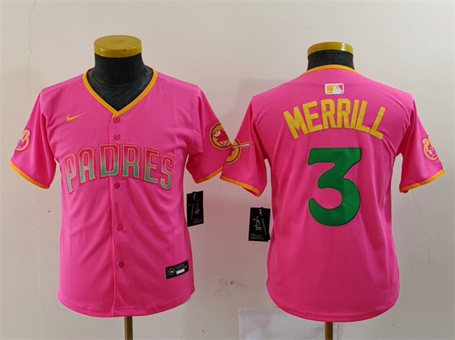 Youth San Diego Padres #3 Jackson Merrill Pink Stitched Baseball Jersey Youth San Diego Padres #3 Jackson Merrill Pink Stitched Baseball Jersey