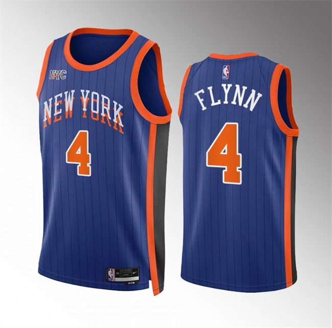 Men's New Yok Knicks #4 Malachi Flynn Blue 2023 24 City Edition Stitched Basketball Jersey Men's New Yok Knicks #4 Malachi Flynn Blue 2023 24 City Edition Stitched Basketball Jersey